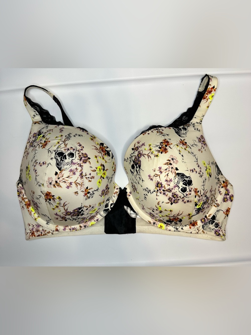 Torrid Push Up Plunge Cream Floral & Skull Print Underwire Bra - 40ddd